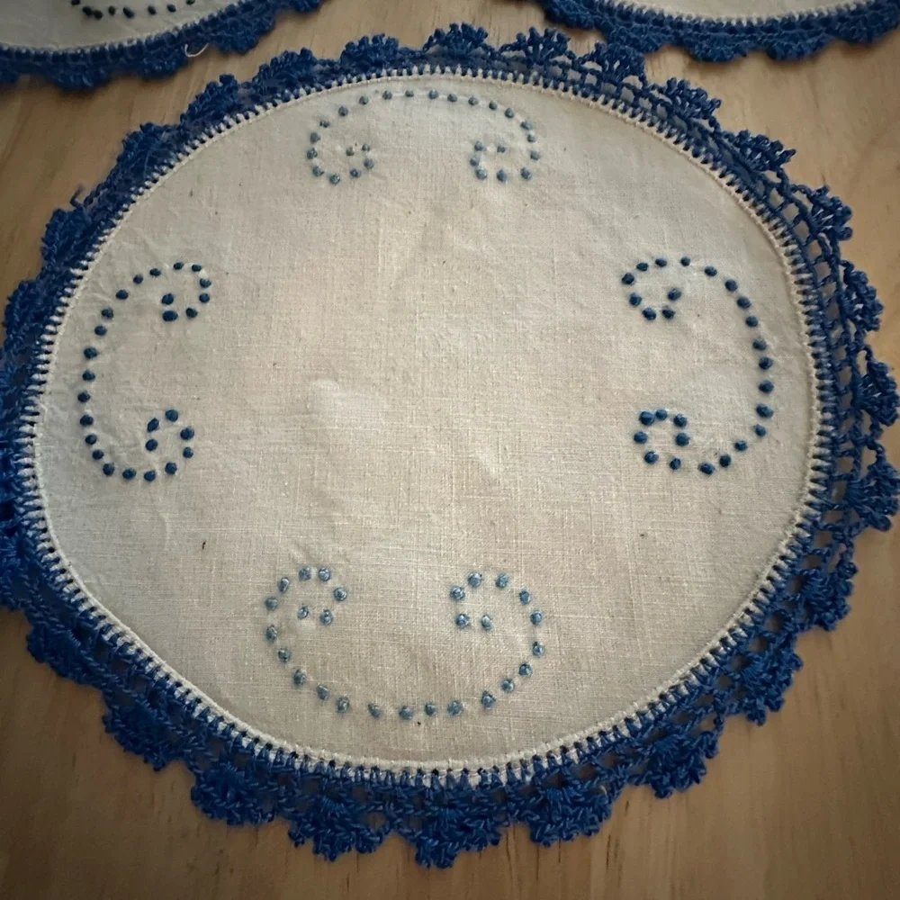 Handmade crochet  “C” embroidered doily bundle of 8. Coaster, cup mat,‎ doily.